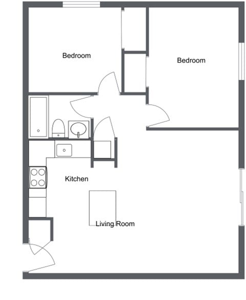 Floor plan for 2 beds, 1 bath, 802 sqft